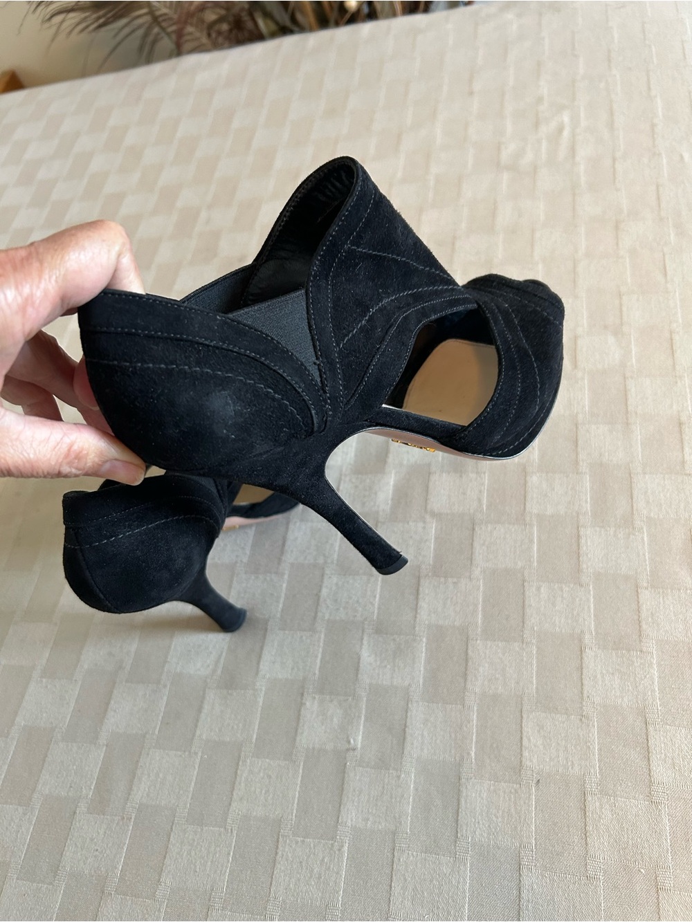 Prada Suede Cut Out Peep Toe Heeled Booties - Picture 15 of 15